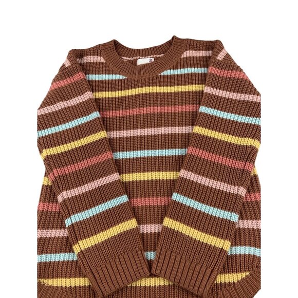 Striped Multicolor Ribbed Knit Sweater Brown Yellow Pink Blue Round Neck Medium - Picture 6 of 11